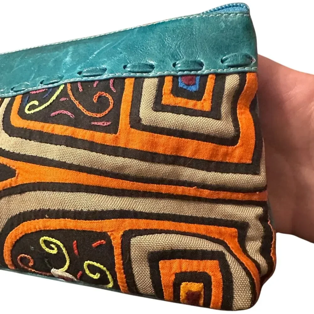 Arte Kuna Colombia Leather Embroidered Boho Clutch Festival Pouch